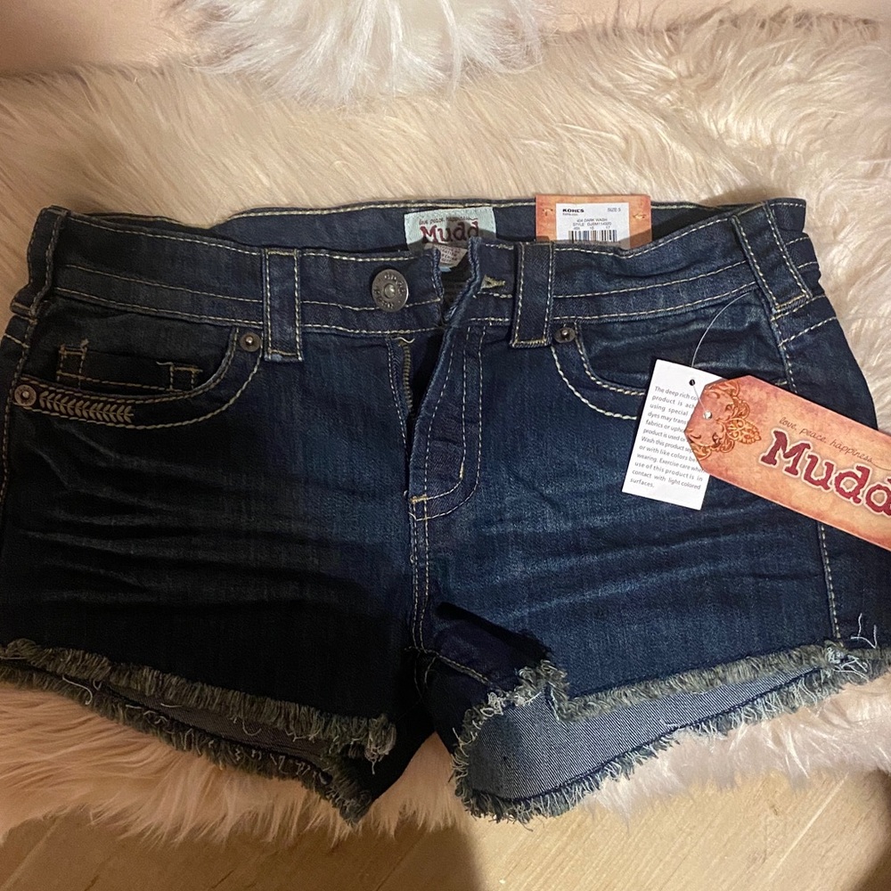 Mudd Dark Blue Jean Shorts with Frayed Hem
